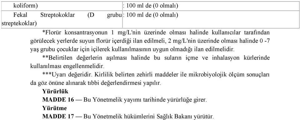 **Belirtilen değerlerin aşılması halinde bu suların içme ve inhalasyon kürlerinde kullanılması engellenmelidir. ***Uyarı değeridir.