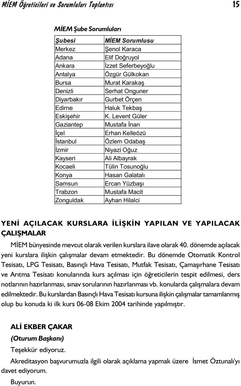 Levent Güler Mustafa Ýnan Erhan Kelleözü Özlem Odabaº Niyazi Oðuz Ali Albayrak Tülin Tosunoðlu Hasan Galatalý Ercan Yüzbaþý Mustafa Macit Ayhan Hilalci YENÝ AÇILACAK KURSLARA ÝLÝÞKÝN YAPILAN VE