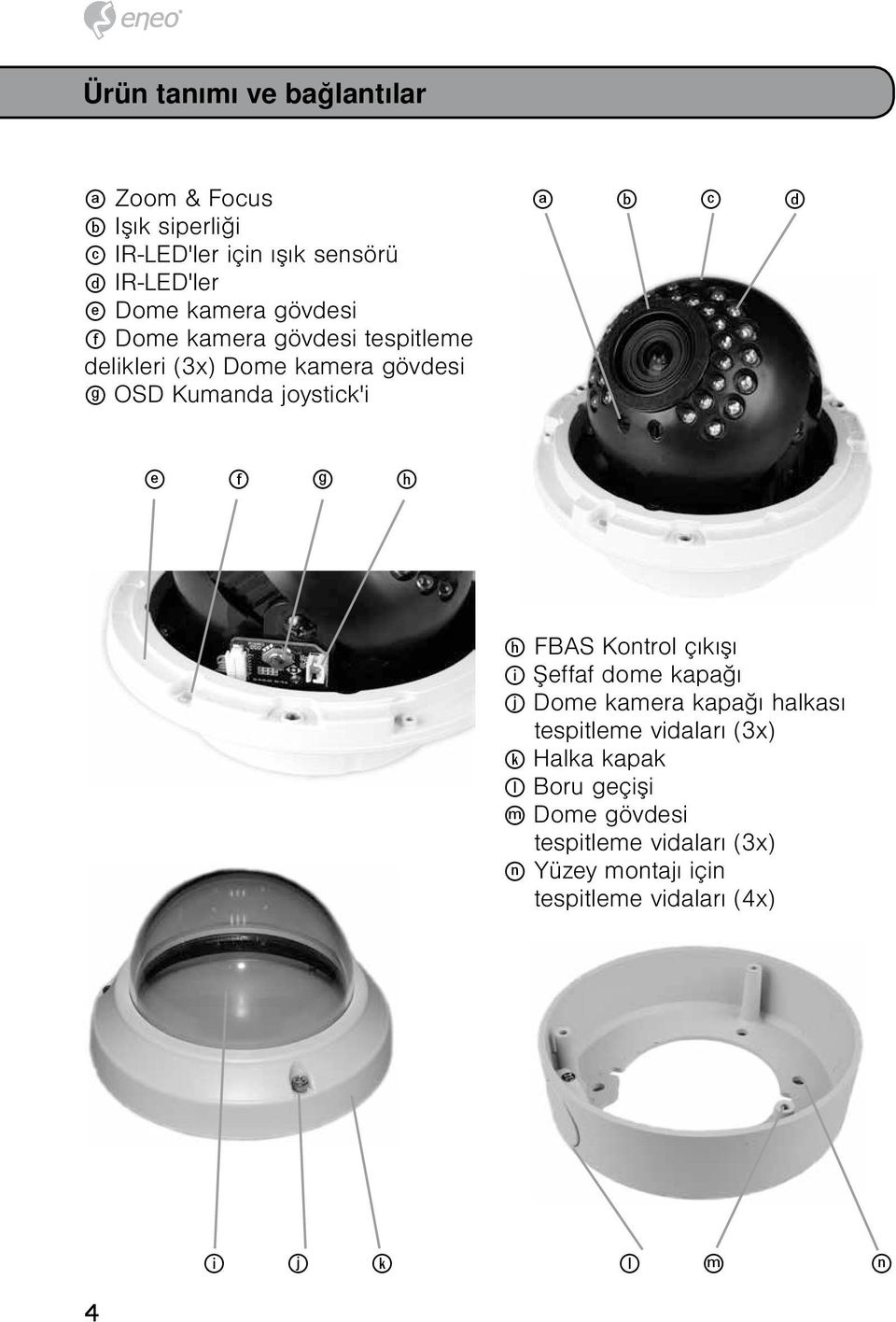 d e f g h h FBAS Kontrol çıkışı i Şeffaf dome kapağı j Dome kamera kapağı halkası tespitleme vidaları (3x) k Halka