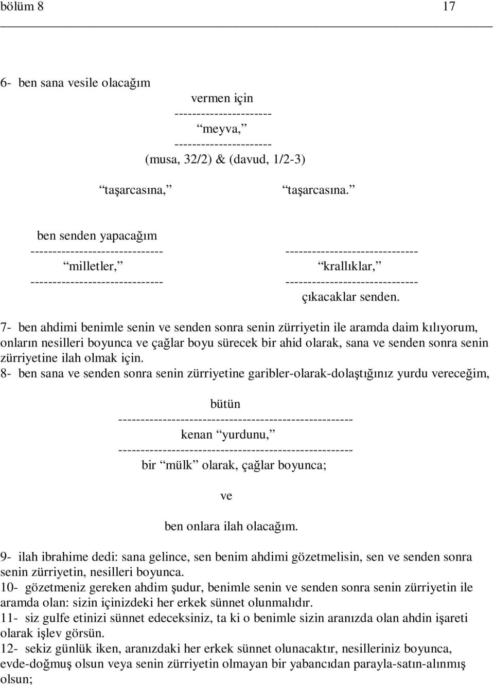 7- ben ahdimi benimle senin ve senden sonra senin zürriyetin ile aramda daim kılıyorum, onların nesilleri boyunca ve çağlar boyu sürecek bir ahid olarak, sana ve senden sonra senin zürriyetine ilah