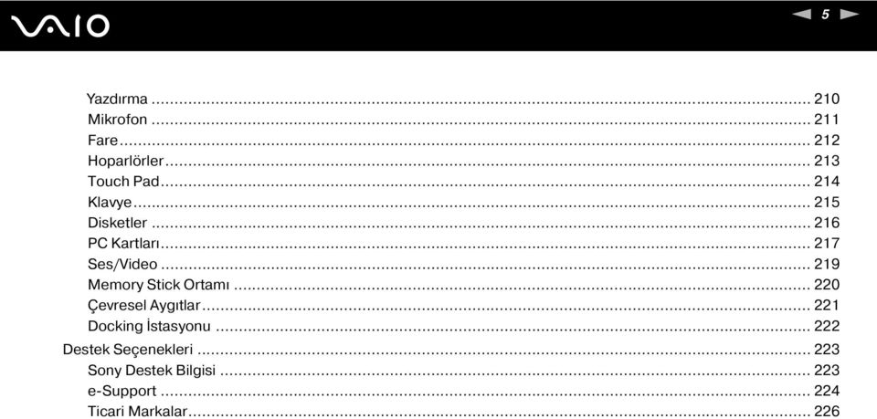 .. 219 Memory Stick Ortamı... 220 Çevresel Aygıtlar... 221 Docking İstasyonu.