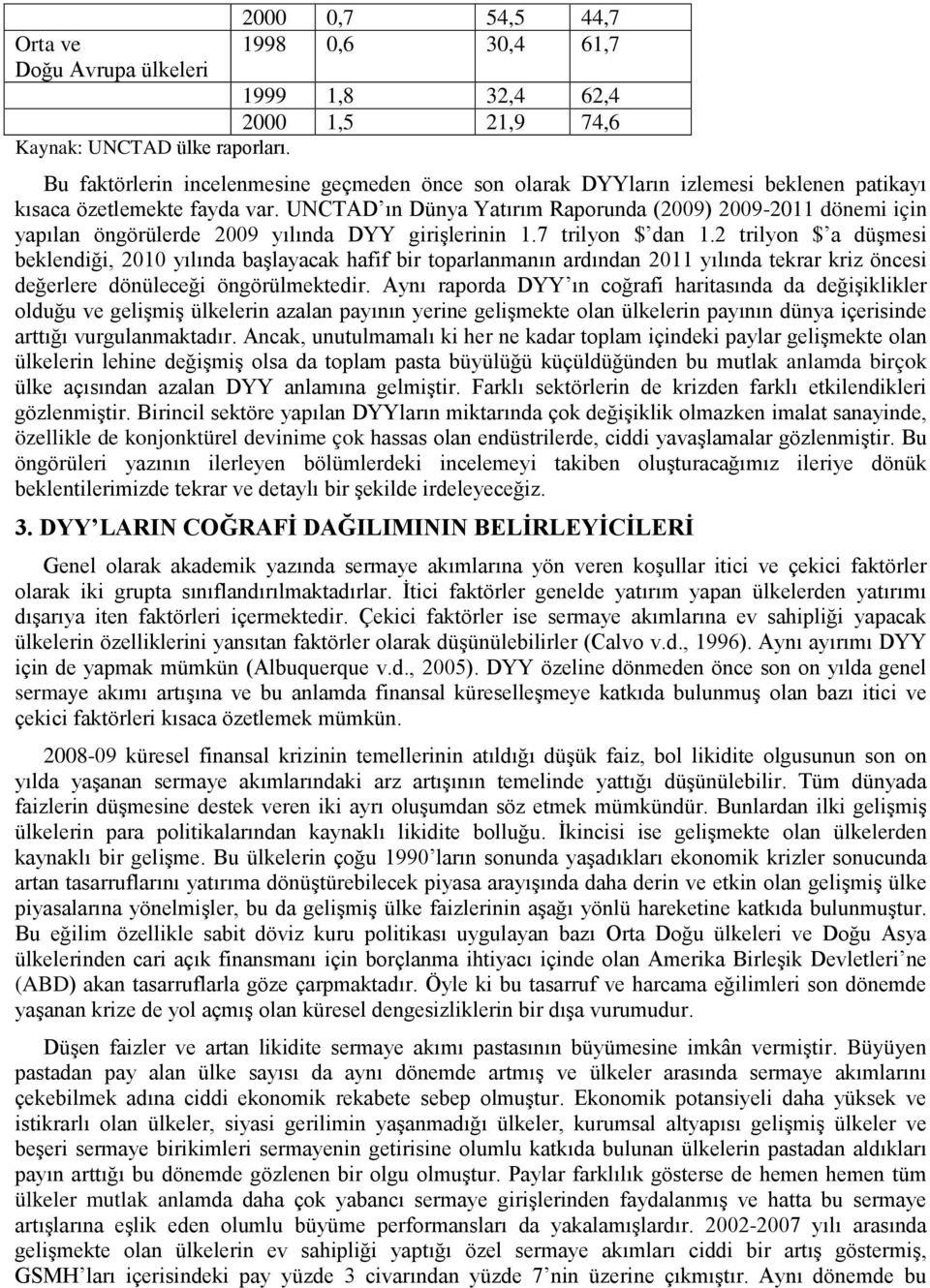 UNCTAD ın Dünya Yatırım Raporunda (2009) 2009-2011 dönemi için yapılan öngörülerde 2009 yılında DYY girişlerinin 1.7 trilyon $ dan 1.