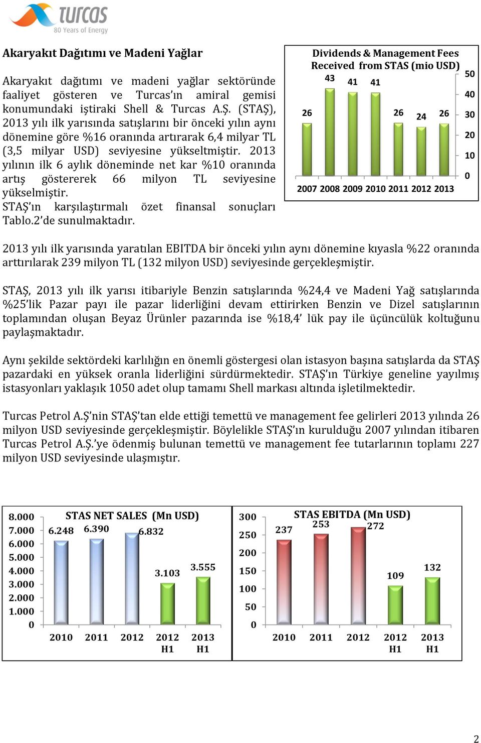 2013 yılının ilk 6 aylık döneminde net kar %10 oranında artış göstererek 66 milyon TL seviyesine yükselmiştir. STAŞ ın karşılaştırmalı özet finansal sonuçları Tablo.2 de sunulmaktadır.