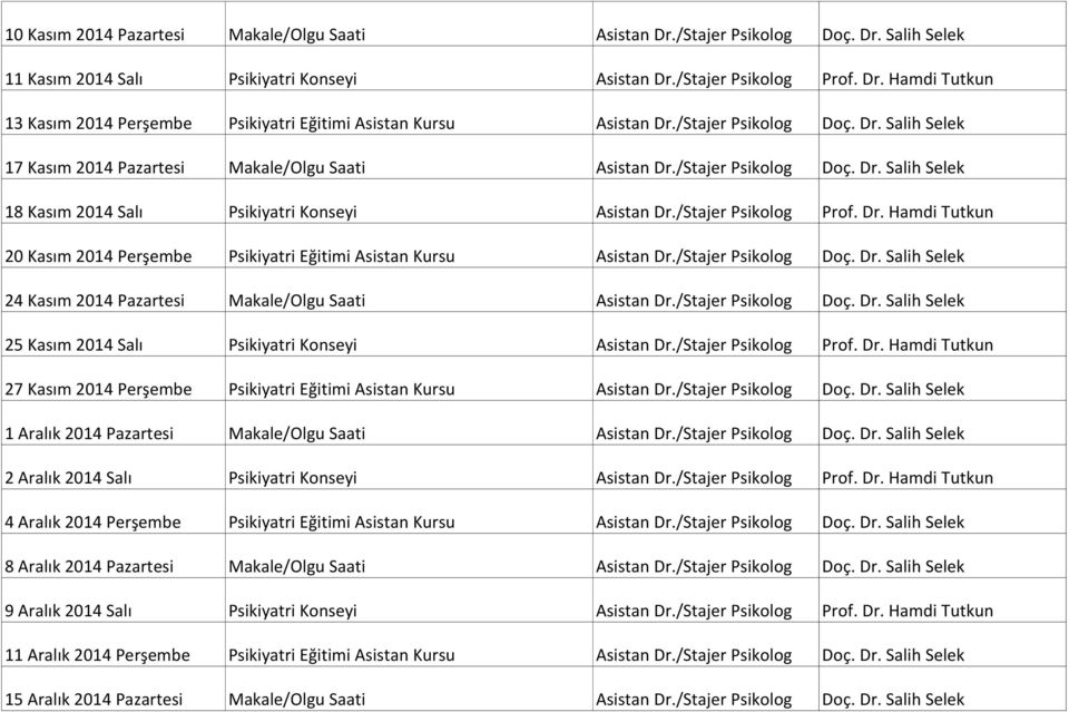 Dr. Hamdi Tutkun 20 Kasım 2014 Perşembe Psikiyatri Eğitimi Asistan Kursu Asistan Dr./Stajer Psikolog Doç. Dr. Salih Selek 24 Kasım 2014 Pazartesi Makale/Olgu Saati Asistan Dr./Stajer Psikolog Doç. Dr. Salih Selek 25 Kasım 2014 Salı Psikiyatri Konseyi Asistan Dr.