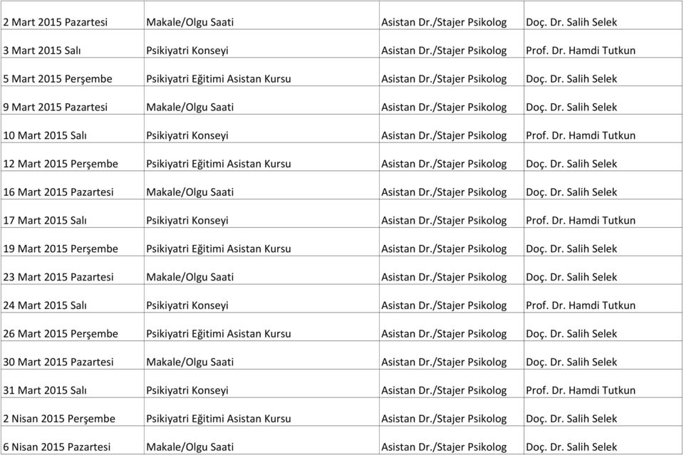 Dr. Hamdi Tutkun 12 Mart 2015 Perşembe Psikiyatri Eğitimi Asistan Kursu Asistan Dr./Stajer Psikolog Doç. Dr. Salih Selek 16 Mart 2015 Pazartesi Makale/Olgu Saati Asistan Dr./Stajer Psikolog Doç. Dr. Salih Selek 17 Mart 2015 Salı Psikiyatri Konseyi Asistan Dr.