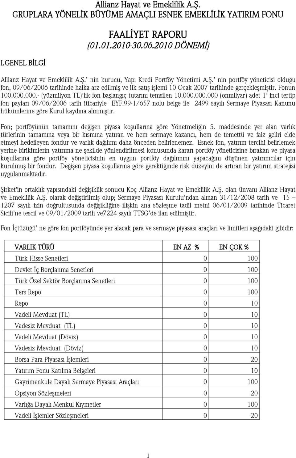 000.- (yüzmilyon TL) lık fon başlangıç tutarını temsilen 10.000.000.000 (onmilyar) adet 1 inci tertip fon payları 09/06/2006 tarih itibariyle EYF.