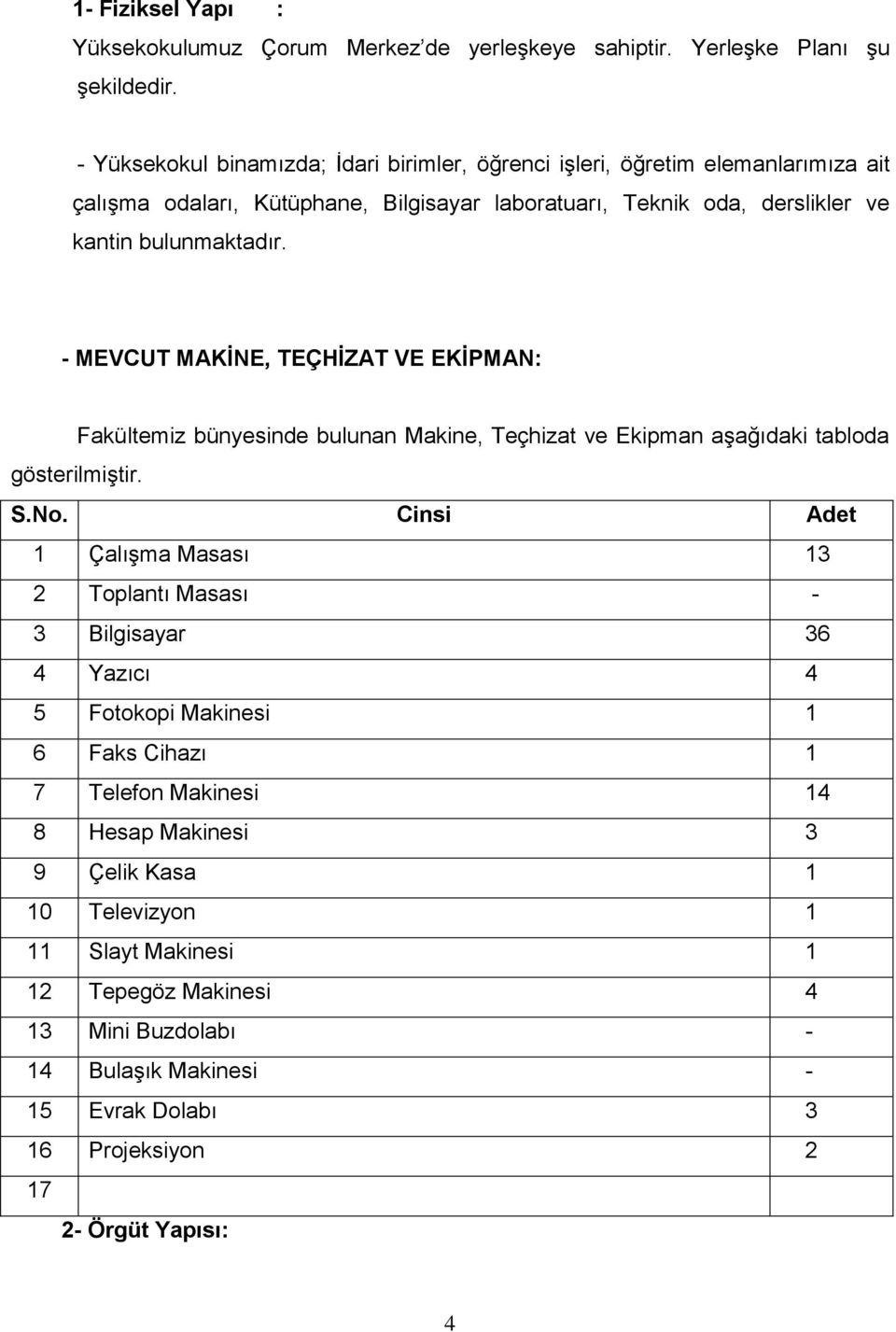 - MEVCUT MAKĠNE, TEÇHĠZAT VE EKĠPMAN: Fakültemiz bünyesinde bulunan Makine, Teçhizat ve Ekipman aşağıdaki tabloda gösterilmiştir. S.No.