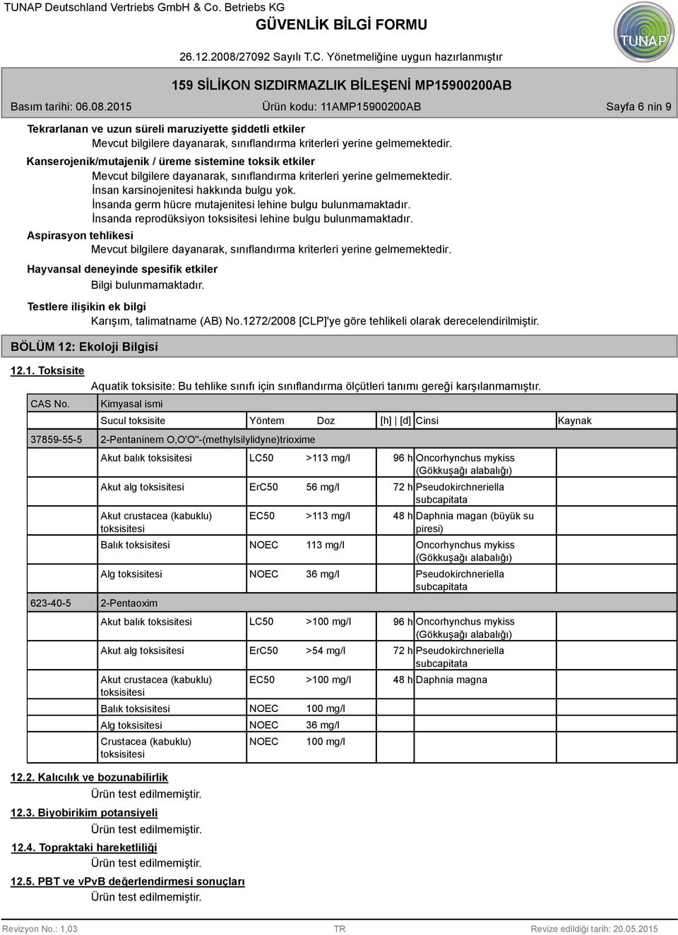 Aspirasyon tehlikesi Hayvansal deneyinde spesifik etkiler Testlere ilişikin ek bilgi Karışım, talimatname (AB) No.1272/2008 [CLP]'ye göre tehlikeli olarak derecelendirilmiştir.