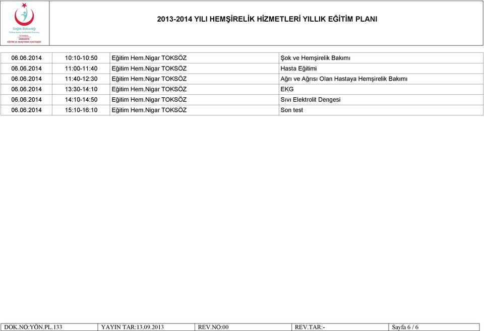 06.2014 14:10-14:50 Sıvı Elektrolit Dengesi 06.06.2014 15:10-16:10 Son test DOK.