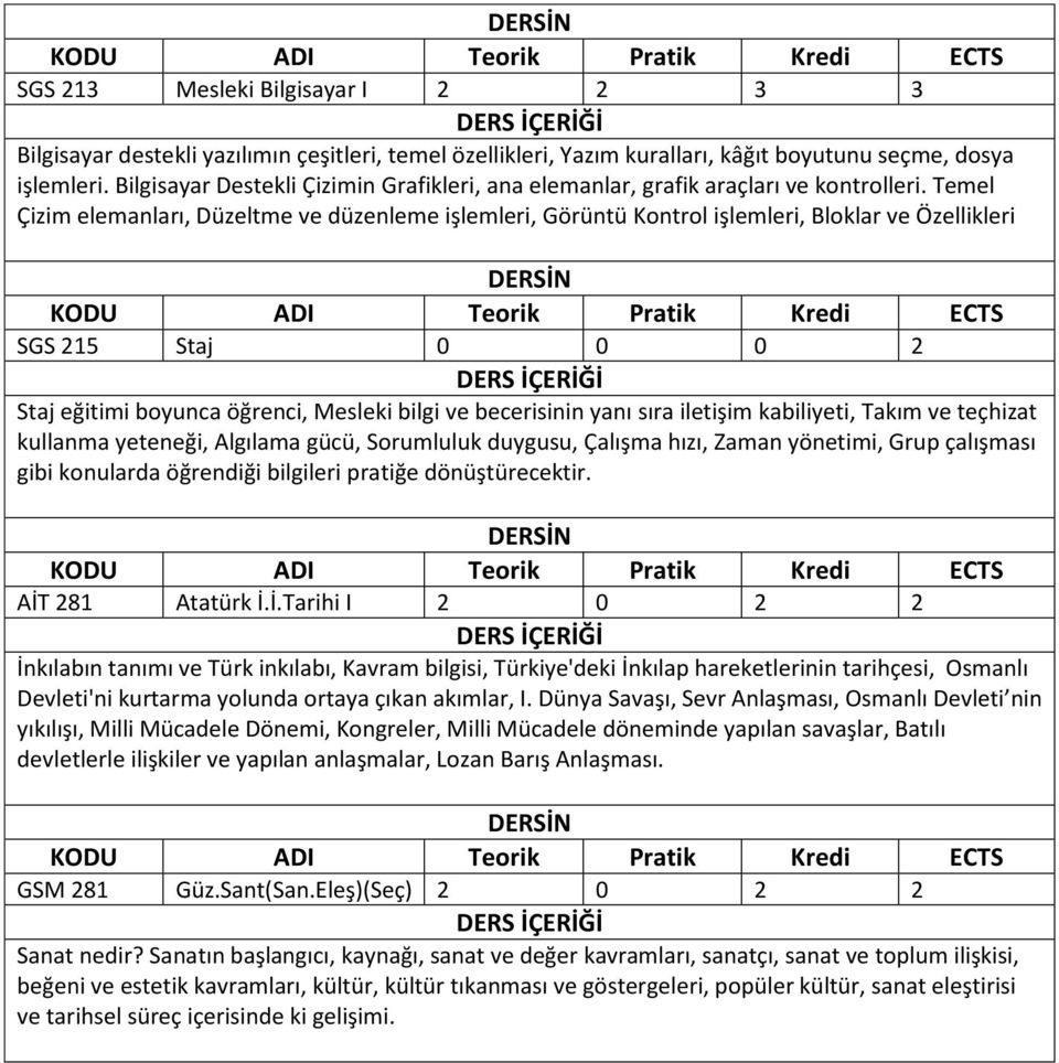 Temel Çizim elemanları, Düzeltme ve düzenleme işlemleri, Görüntü Kontrol işlemleri, Bloklar ve Özellikleri SGS 215 Staj 0 0 0 2 Staj eğitimi boyunca öğrenci, Mesleki bilgi ve becerisinin yanı sıra