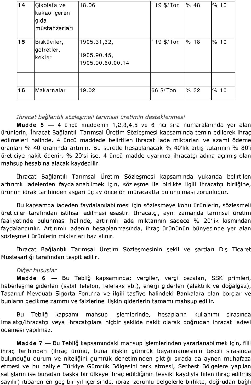 Üretim Sözleşmesi kapsamında temin edilerek ihraç edilmeleri halinde, 4 üncü maddede belirtilen ihracat iade miktarları ve azami ödeme oranları % 40 oranında artırılır.