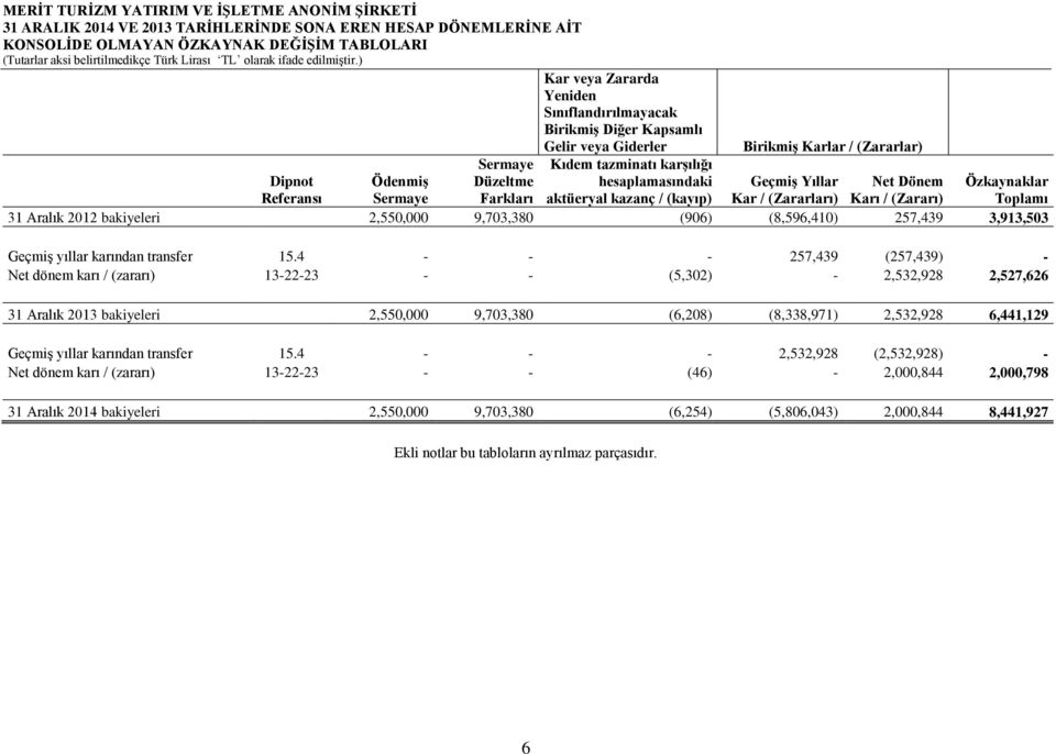 Net Dönem Karı / (Zararı) Özkaynaklar Toplamı 31 Aralık 2012 bakiyeleri 2,550,000 9,703,380 (906) (8,596,410) 257,439 3,913,503 Geçmiş yıllar karından transfer 15.