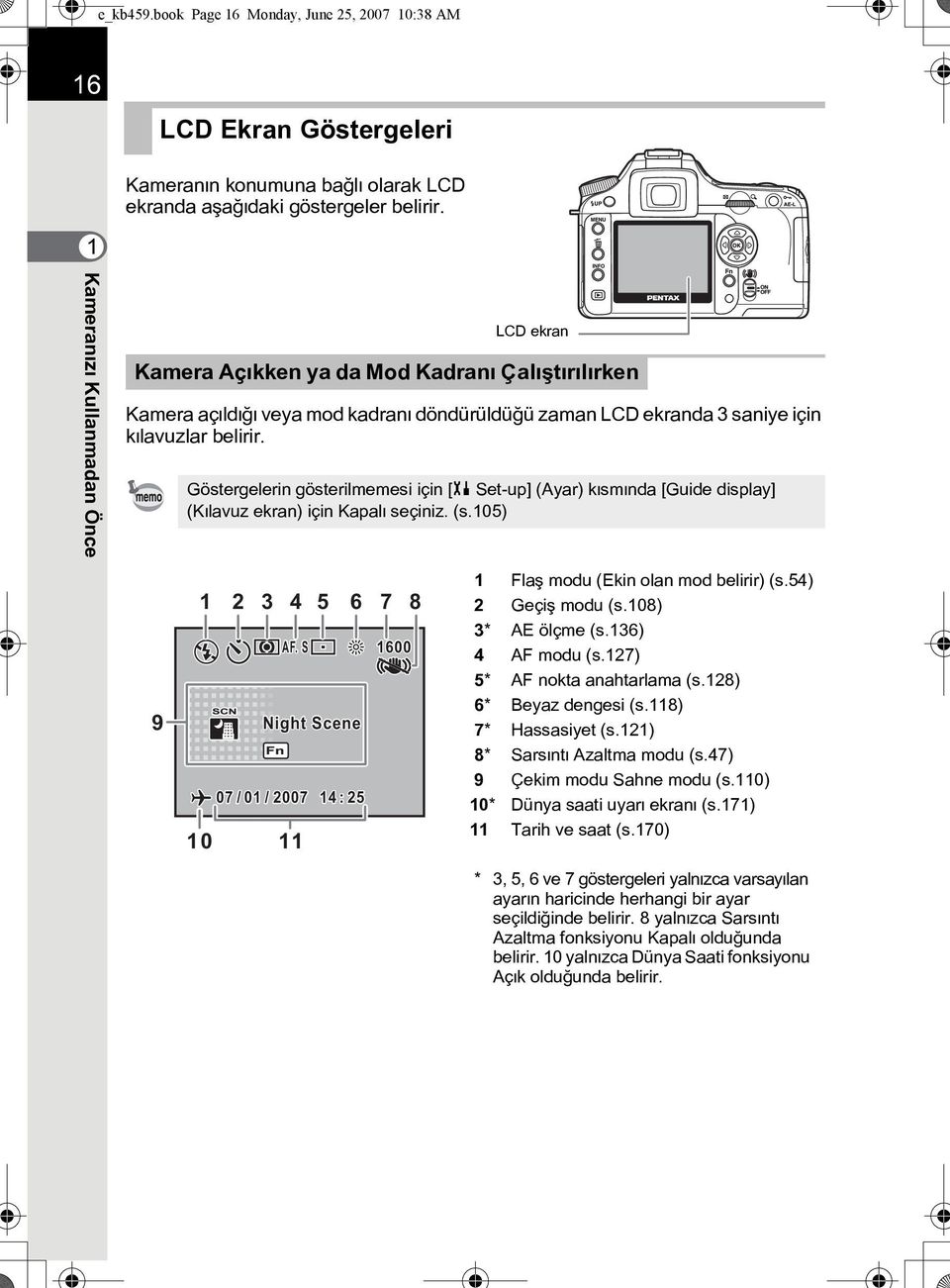 Göstergelerin gösterilmemesi için [H Set-up] (Ayar) kýsmýnda [Guide display] (Kýlavuz ekran) için Kapalý seçiniz. (s.105) 9 1 10 2 3 4 5 6 7 8 AF.