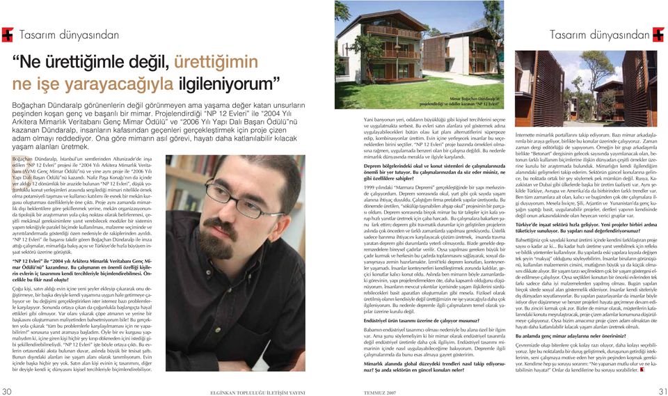 Projelendirdi i NP 12 Evleri ile 2004 Y l Arkitera Mimarl k Veritaban Genç Mimar Ödülü ve 2006 Y l Yap Dal Baflar Ödülü nü kazanan Dündaralp, insanlar n kafas ndan geçenleri gerçeklefltirmek için