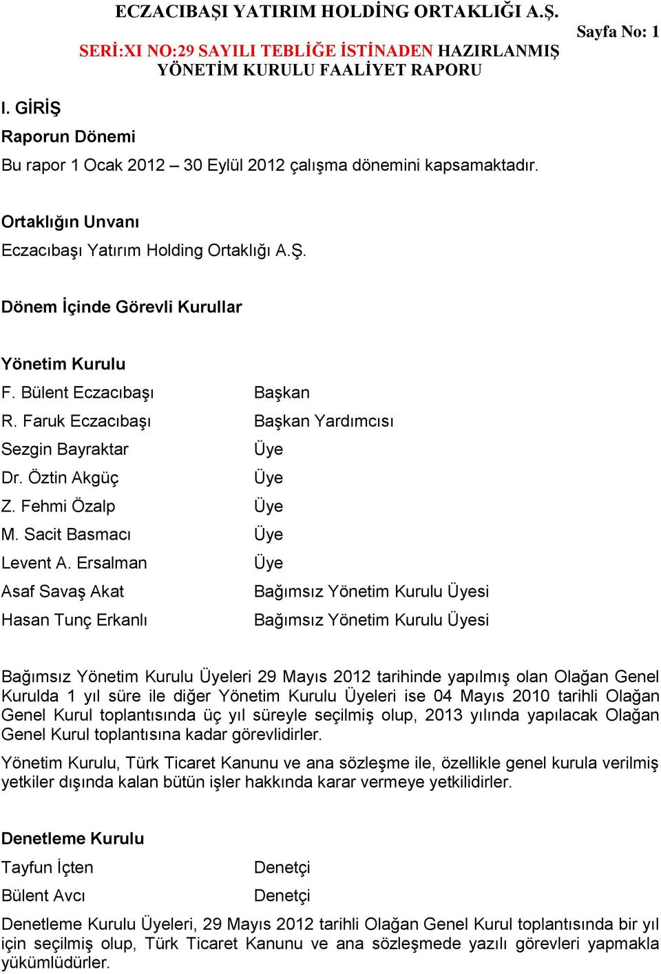 Ersalman Üye Asaf Savaş Akat Bağımsız Yönetim Kurulu Üyesi Hasan Tunç Erkanlı Bağımsız Yönetim Kurulu Üyesi Bağımsız Yönetim Kurulu Üyeleri 29 Mayıs 2012 tarihinde yapılmış olan Olağan Genel Kurulda