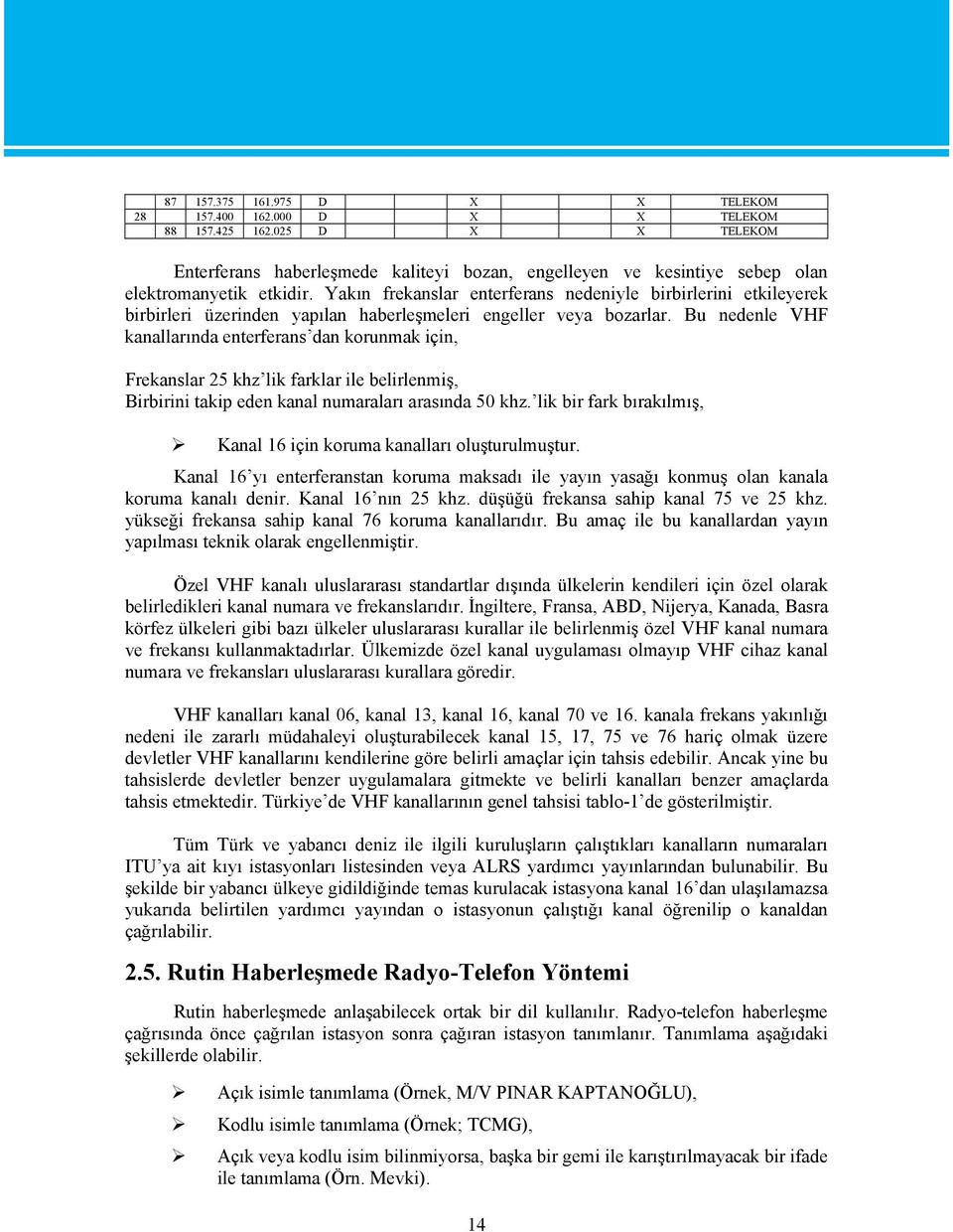 Bu nedenle VHF kanallarında enterferans dan korunmak için, Frekanslar 25 khz lik farklar ile belirlenmiş, Birbirini takip eden kanal numaraları arasında 50 khz.