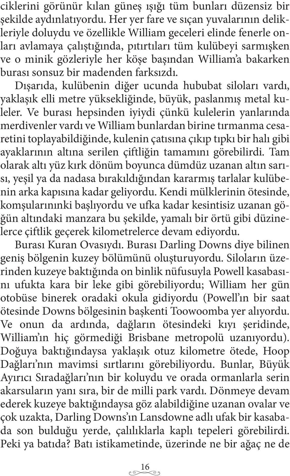 başından William a bakarken burası sonsuz bir madenden farksızdı. Dışarıda, kulübenin diğer ucunda hububat siloları vardı, yaklaşık elli metre yüksekliğinde, büyük, paslanmış metal kuleler.