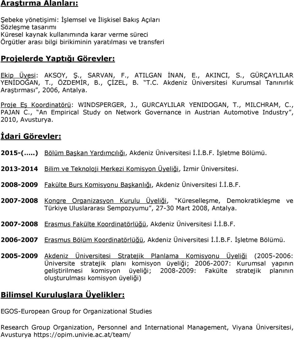 Proje EĢ Koordinatörü: WINDSPERGER, J., GURCAYLILAR YENIDOGAN, T., MILCHRAM, C., PAJAN C., An Empirical Study on Network Governance in Austrian Automotive Industry, 2010, Avusturya.