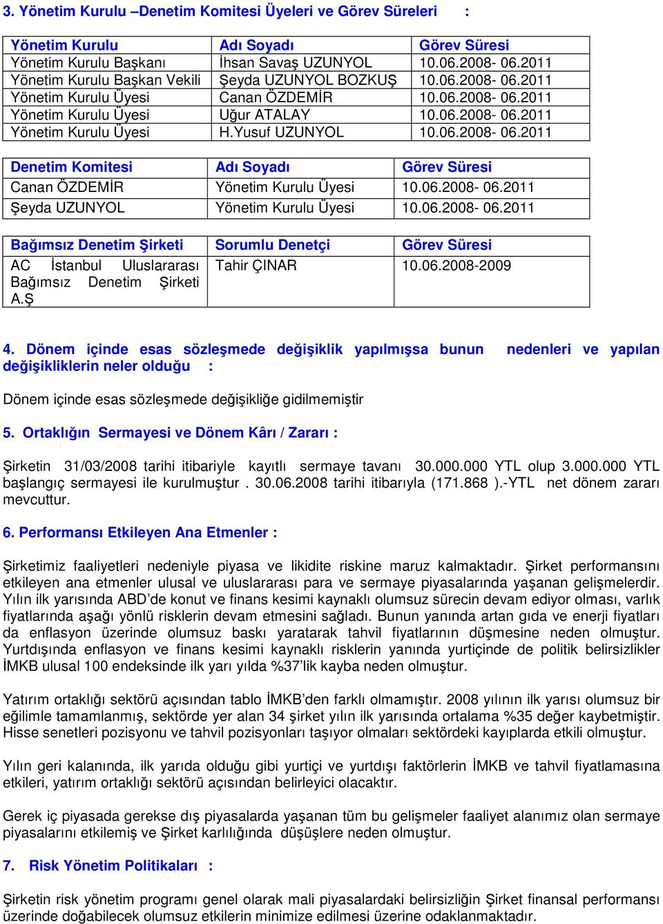 Yusuf UZUNYOL 10.06.2008-06.2011 Denetim Komitesi Adı Soyadı Görev Süresi Canan ÖZDEMİR Yönetim Kurulu Üyesi 10.06.2008-06.2011 Şeyda UZUNYOL Yönetim Kurulu Üyesi 10.06.2008-06.2011 Bağımsız Denetim Şirketi Sorumlu Denetçi Görev Süresi AC İstanbul Uluslararası Tahir ÇINAR 10.