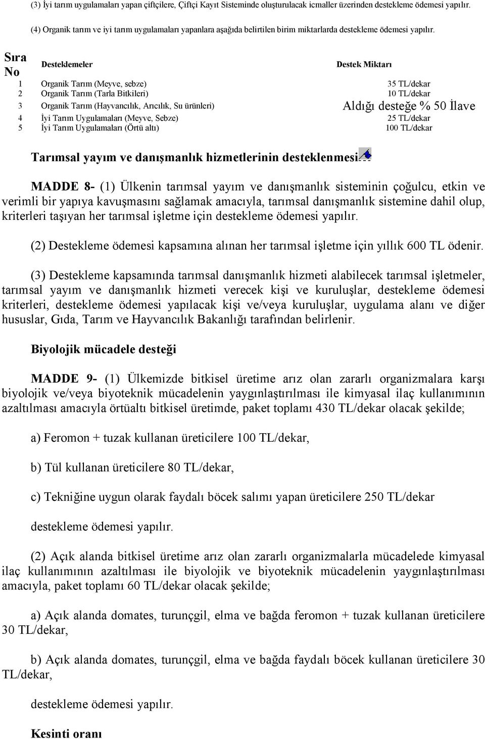 Sıra Desteklemeler Destek Miktarı No 1 Organik Tarım (Meyve, sebze) 35 TL/dekar 2 Organik Tarım (Tarla Bitkileri) 10 TL/dekar 3 Organik Tarım (Hayvancılık, Arıcılık, Su ürünleri) Aldığı desteğe % 50