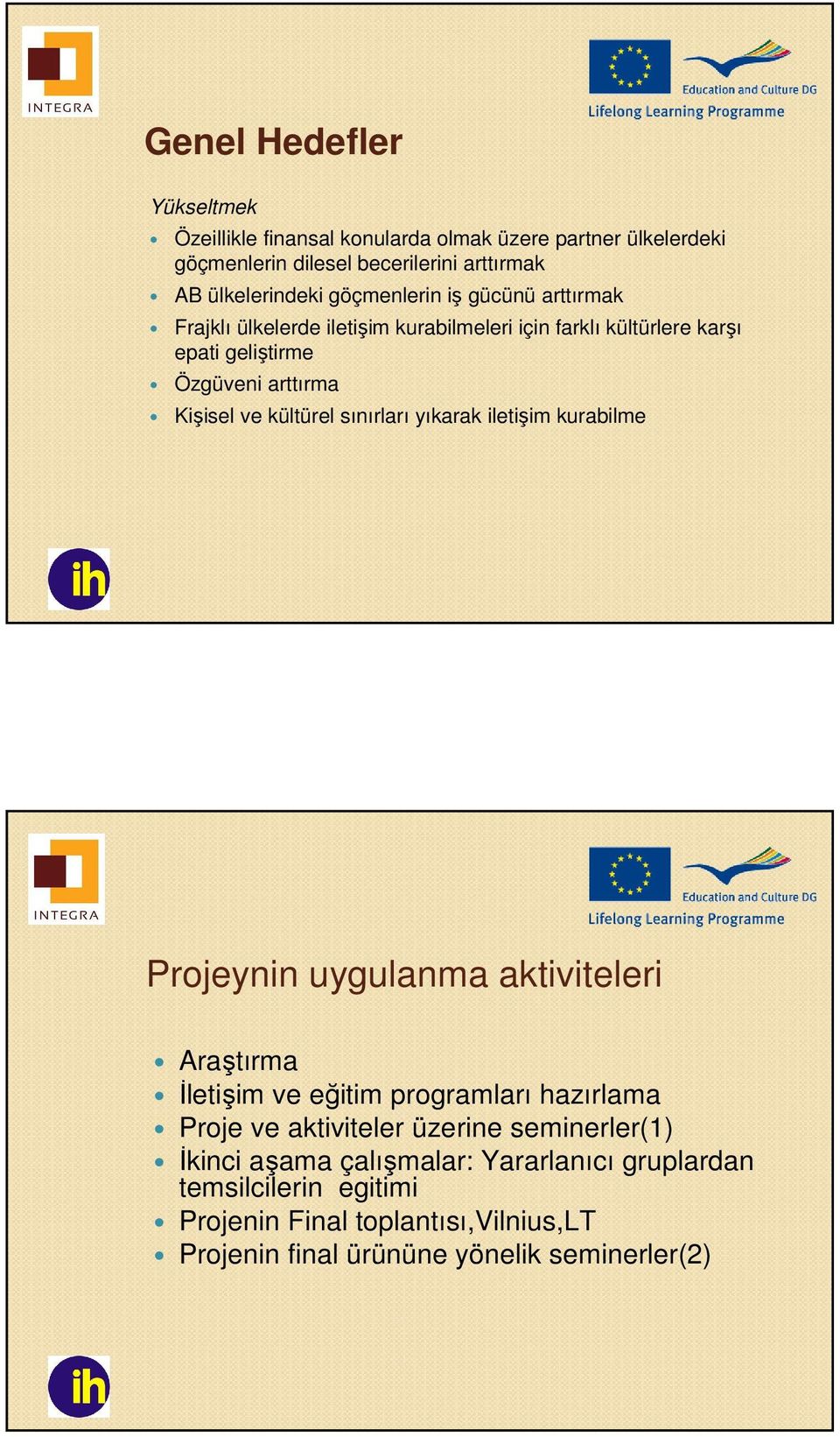 kültürel sınırları yıkarak iletişim kurabilme Projeynin uygulanma aktiviteleri Araştırma İletişim ve eğitim programları hazırlama Proje ve aktiviteler