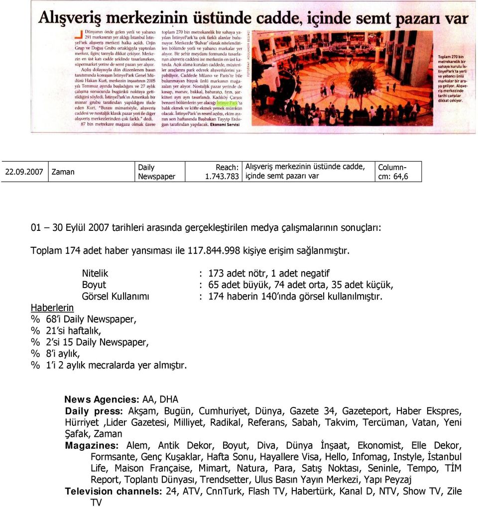 117.844.998 kişiye erişim sağlanmıştır. Nitelik Boyut Görsel Kullanımı Haberlerin % 68 i Newspaper, % 21 si haftalık, % 2 si 15 Newspaper, % 8 i aylık, % 1 i 2 aylık mecralarda yer almıştır.