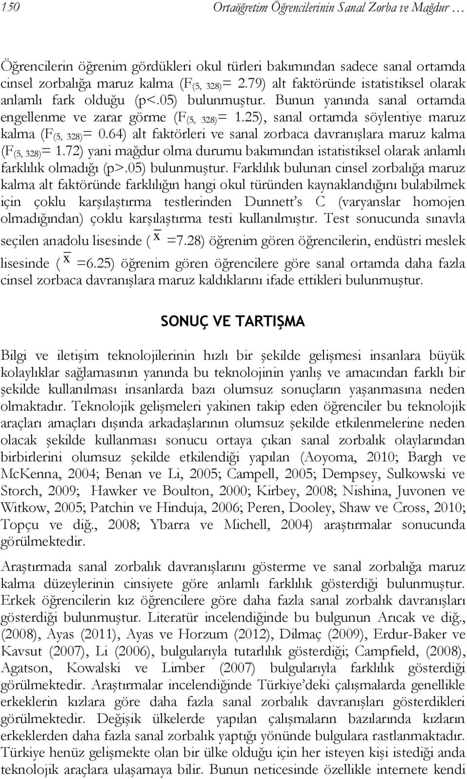 25), sanal ortamda söylentiye maruz kalma (F (5, 328)= 0.64) alt faktörleri ve sanal zorbaca davranışlara maruz kalma (F (5, 328)= 1.