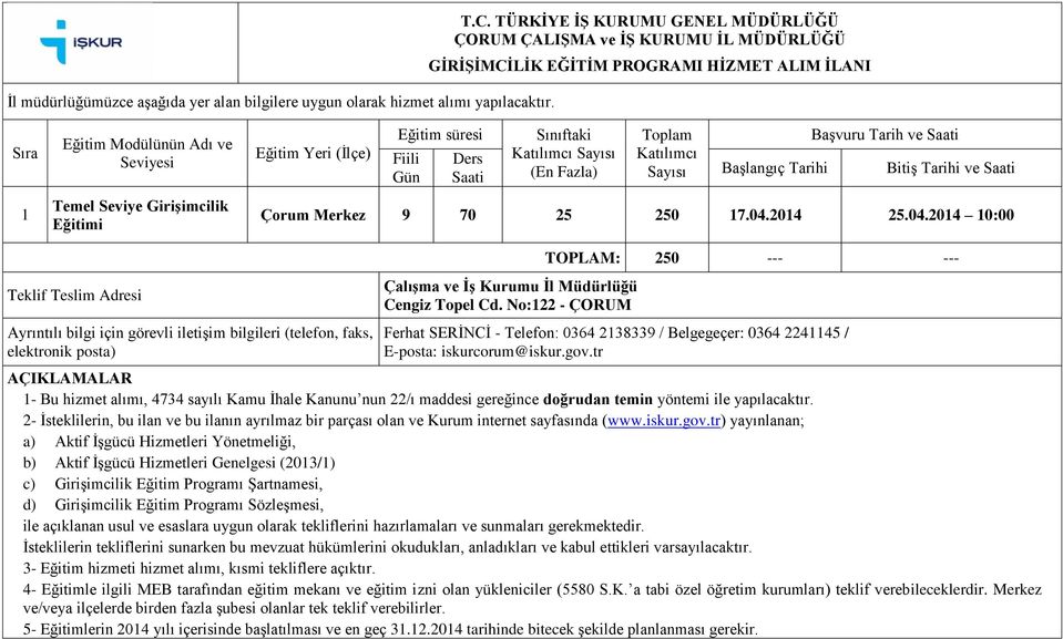 Gün Ders Saati Sınıftaki Katılımcı Sayısı (En Fazla) Toplam Katılımcı Sayısı Başlangıç Tarihi Başvuru Tarih ve Saati Bitiş Tarihi ve Saati 1 Temel Seviye Girişimcilik Eğitimi Çorum Merkez 9 70 25 250