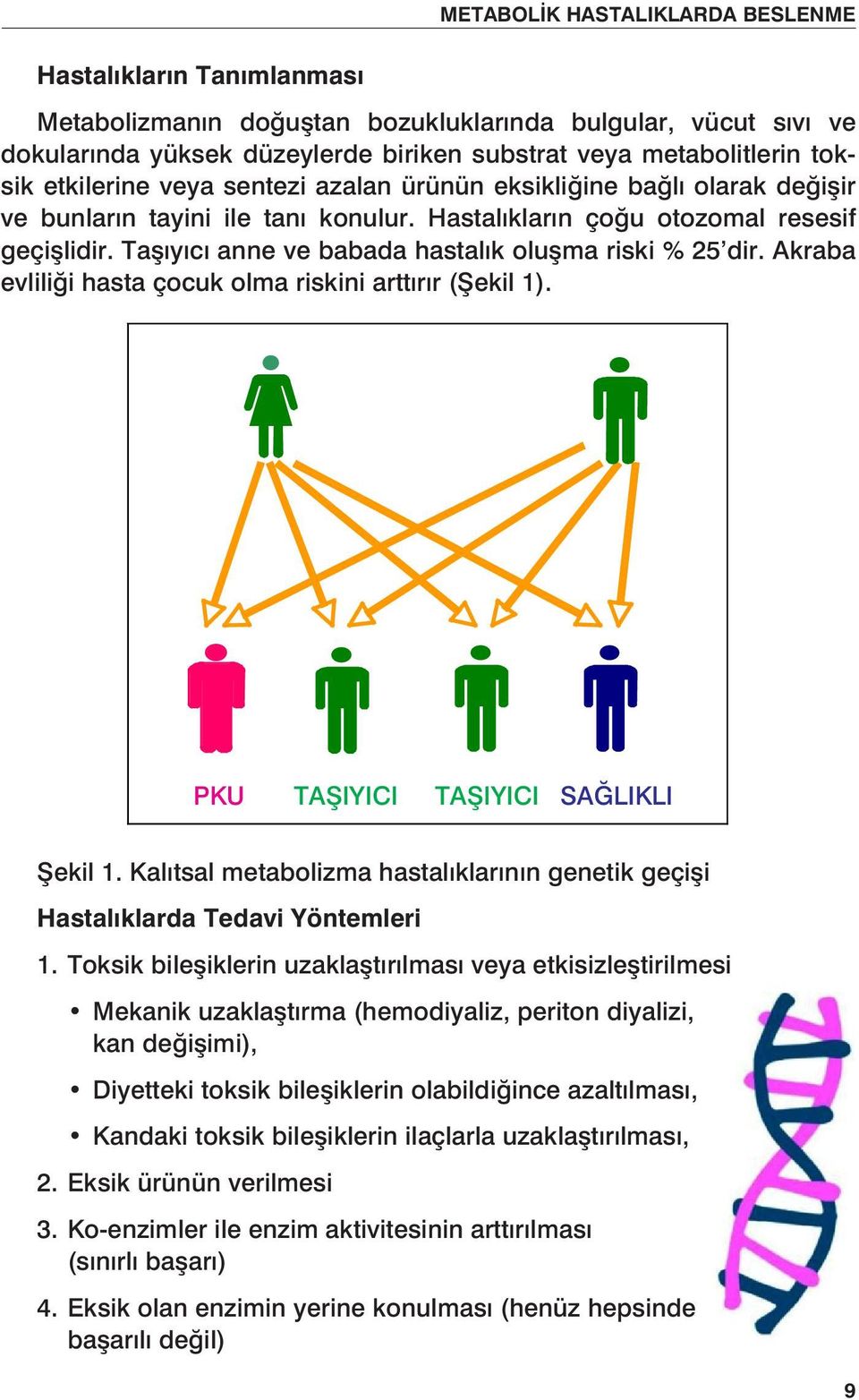 Akraba evliliği hasta çocuk olma riskini arttırır (Şekil 1). PKU U TAfiIYI TAŞIYICI C I TAfiIYI TAŞIYICIC I SAĞLIKLI K Şekil 1.