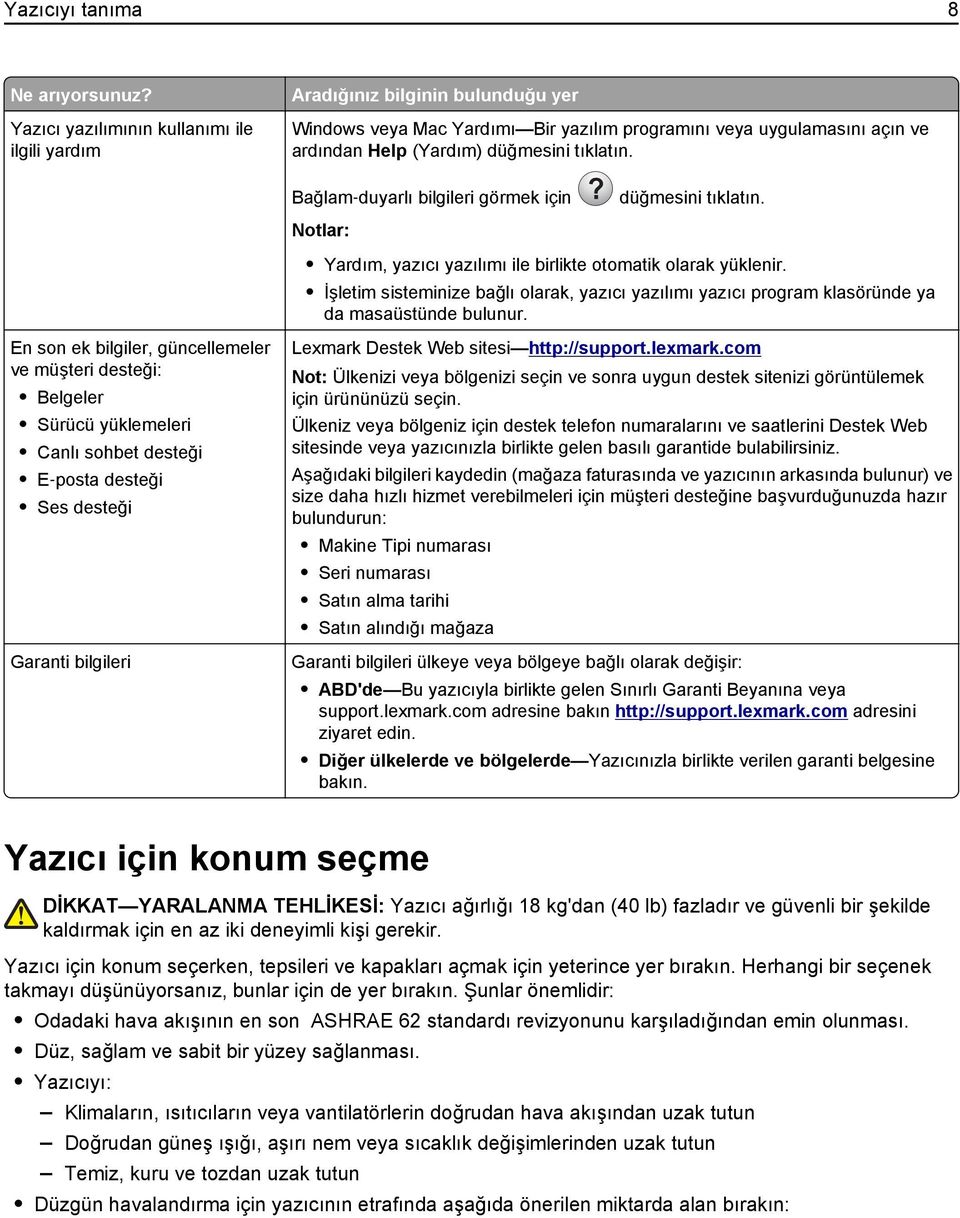 Bağlam duyarlı bilgileri görmek için? düğmesini tıklatın. Yardım, yazıcı yazılımı ile birlikte otomatik olarak yüklenir.