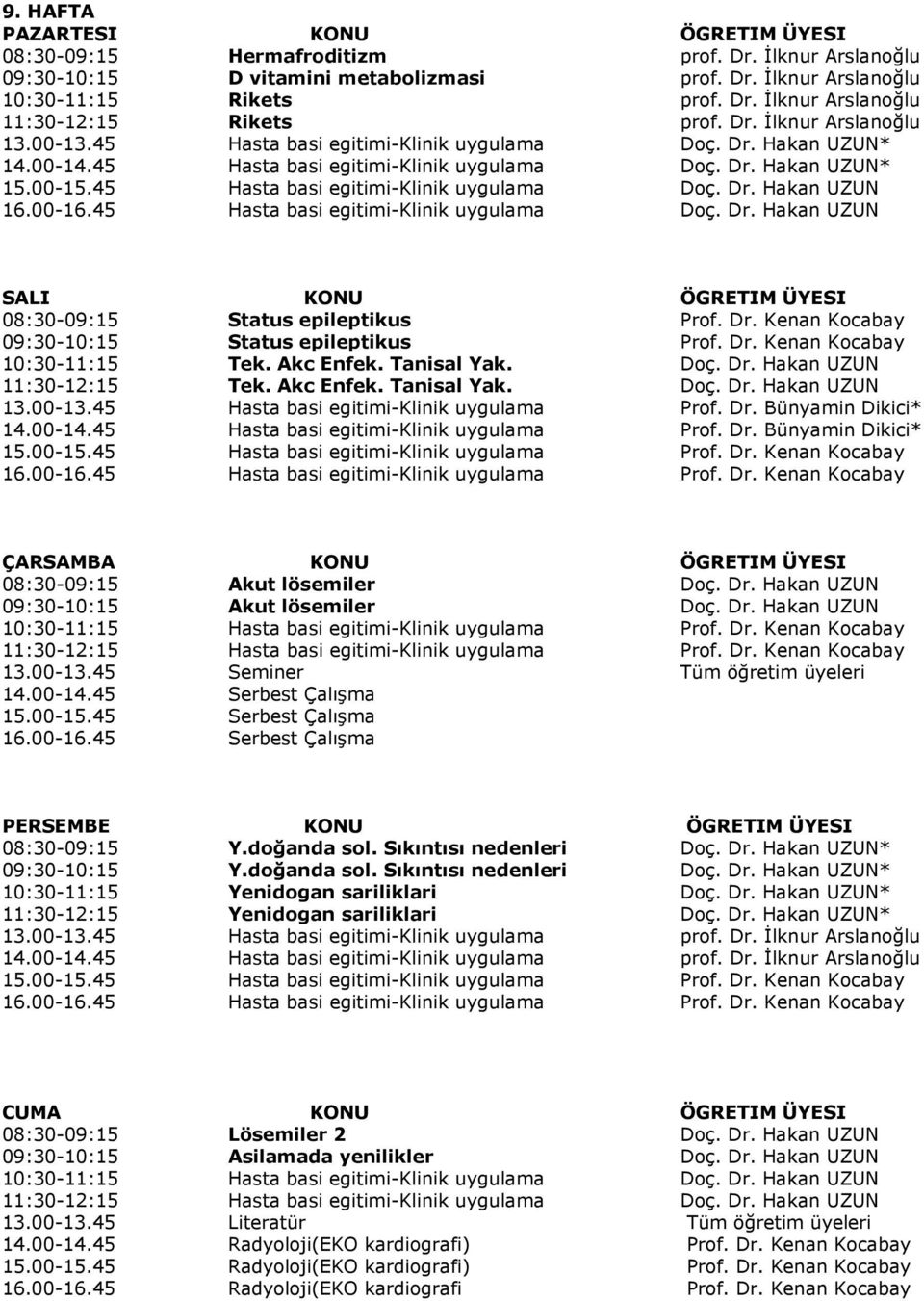 00-16.45 Hasta basi egitimi-klinik uygulama Doç. Dr. Hakan UZUN SALI KONU ÖGRETIM ÜYESI Status epileptikus Prof. Dr. Kenan Kocabay Status epileptikus Prof. Dr. Kenan Kocabay Tek. Akc Enfek.