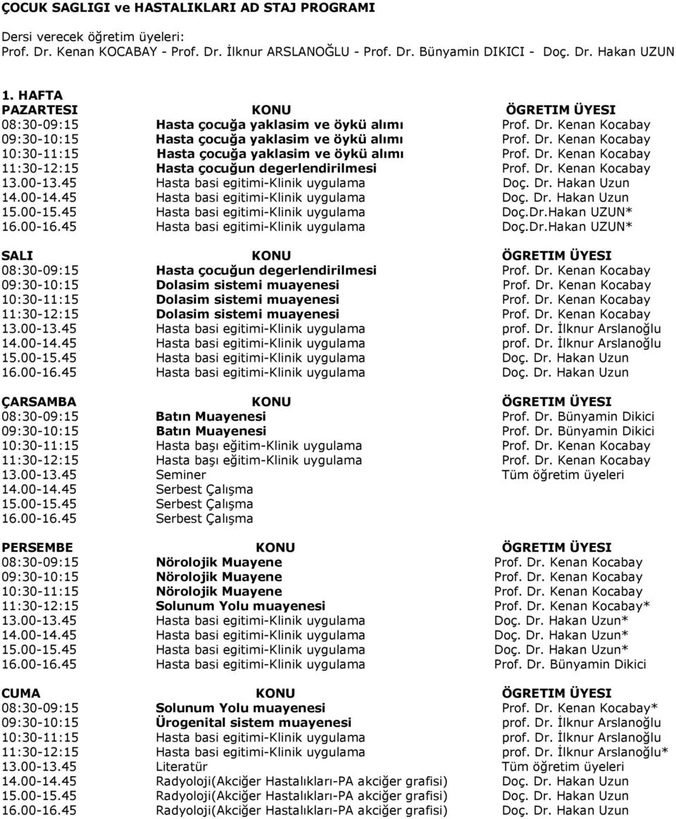 Dr. Kenan Kocabay 13.00-13.45 Hasta basi egitimi-klinik uygulama Doç. Dr. Hakan Uzun 14.00-14.45 Hasta basi egitimi-klinik uygulama Doç. Dr. Hakan Uzun 15.00-15.