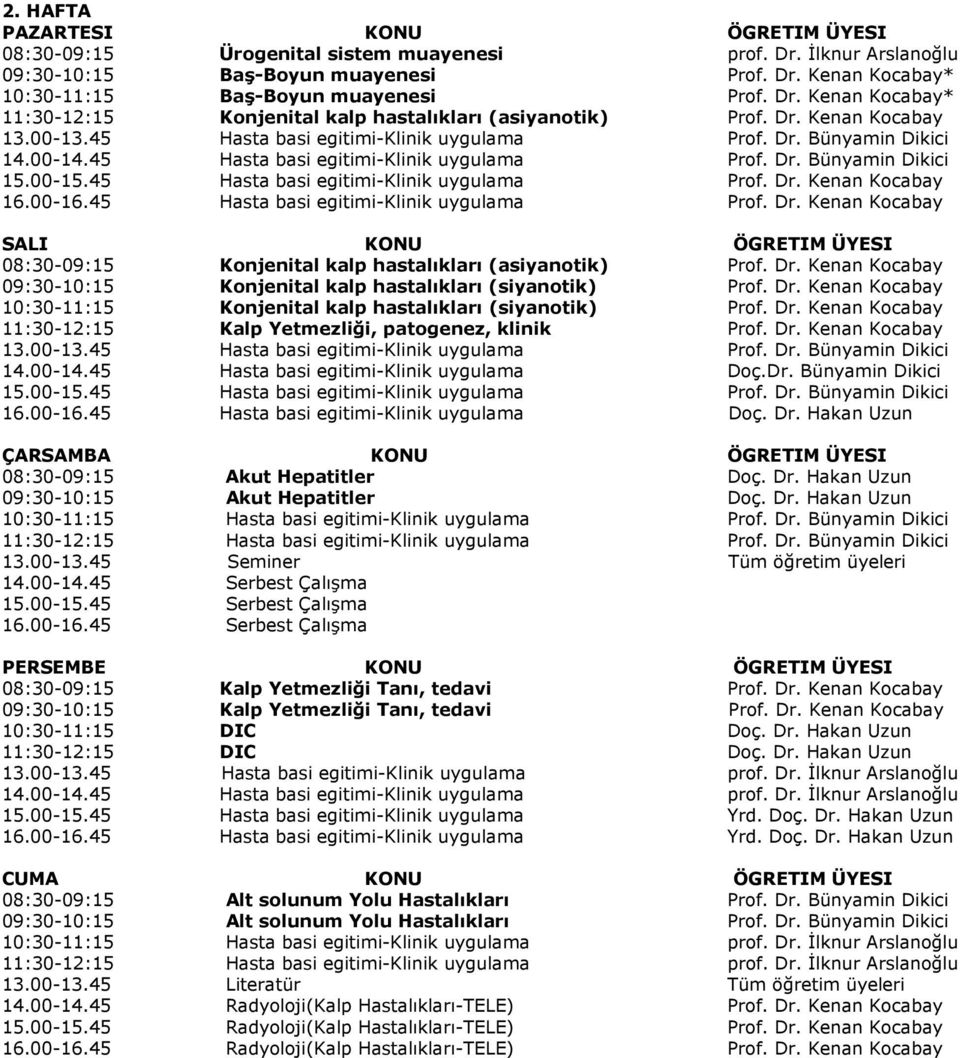45 Hasta basi egitimi-klinik uygulama Prof. Dr. Kenan Kocabay 16.00-16.45 Hasta basi egitimi-klinik uygulama Prof. Dr. Kenan Kocabay SALI KONU ÖGRETIM ÜYESI Konjenital kalp hastalıkları (asiyanotik) Prof.