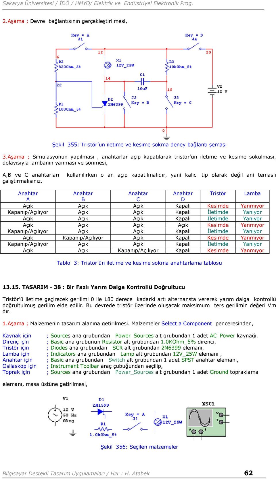 kullanılırken o an açıp kapatılmalıdır, yani kalıcı tip olarak değil ani temaslı Anahtar Anahtar Anahtar Anahtar Tristör Lamba A B C D Açık Açık Açık Kapalı Kesimde Yanmıyor Kapanıp/Açılıyor Açık