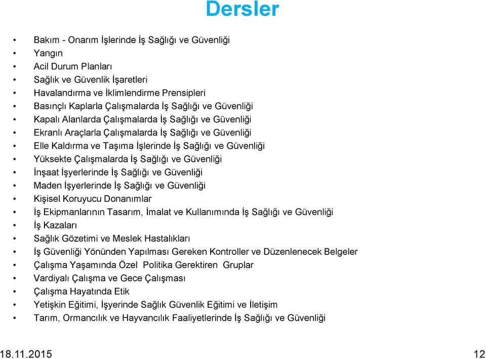 Çalışmalarda İş Sağlığı ve Güvenliği İnşaat İşyerlerinde İş Sağlığı ve Güvenliği Maden İşyerlerinde İş Sağlığı ve Güvenliği Kişisel Koruyucu Donanımlar İş Ekipmanlarının Tasarım, İmalat ve