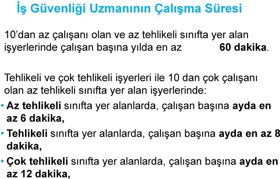 Tehlikeli ve çok tehlikeli işyerleri ile 10 dan çok çalışanı olan az tehlikeli sınıfta yer alan işyerlerinde: Az