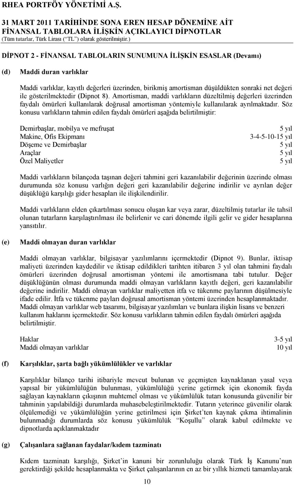 Söz konusu varlıkların tahmin edilen faydalı ömürleri aģağıda belirtilmiģtir: DemirbaĢlar, mobilya ve mefruģat Makine, Ofis Ekipmanı DöĢeme ve DemirbaĢlar Araçlar Özel Maliyetler 5 yıl 3-4-5-10-15