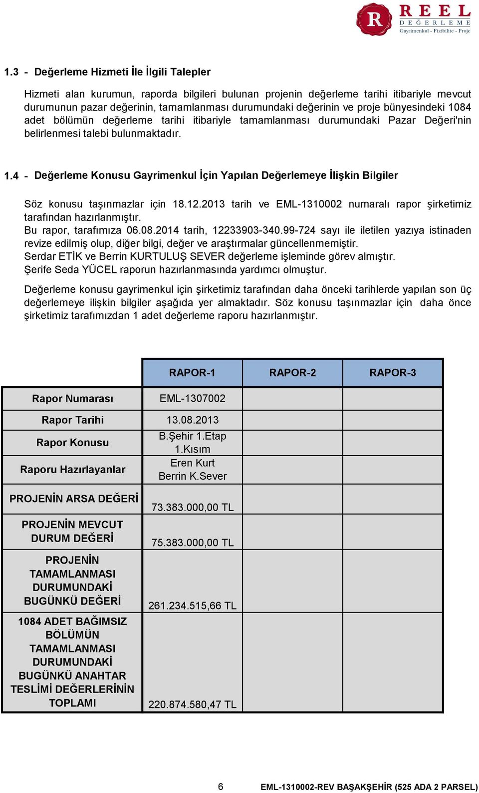 12.2013 tarih ve EML-1310002 numaralı rapor şirketimiz tarafından hazırlanmıştır. Bu rapor, tarafımıza 06.08.2014 tarih, 12233903-340.