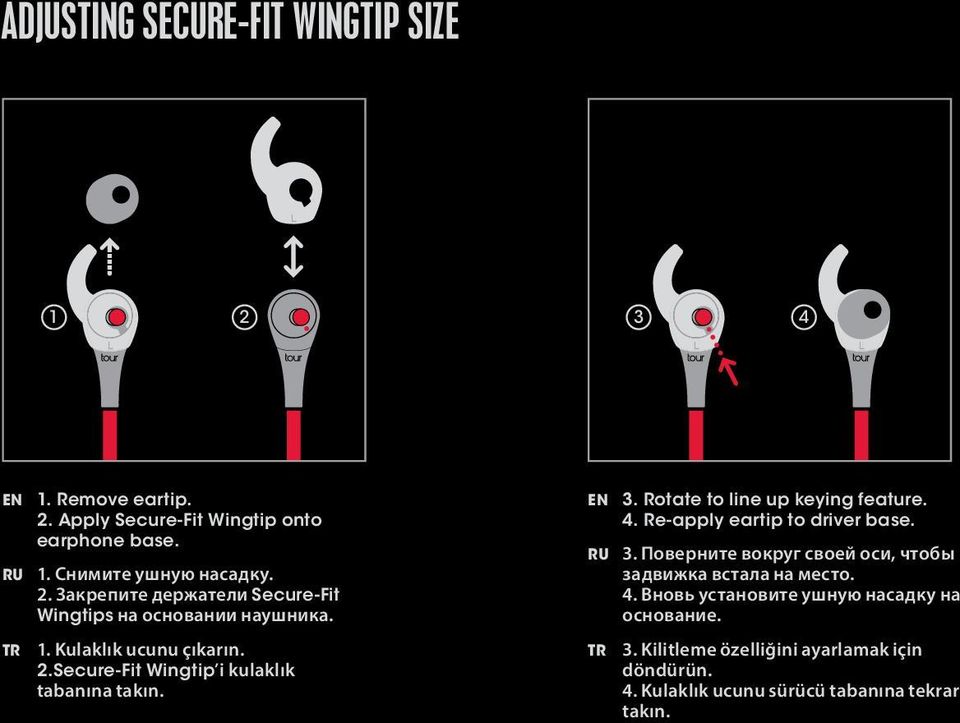 Re-apply eartip to driver base. RU 3. Поверните вокруг своей оси, чтобы задвижка встала на место. 4.