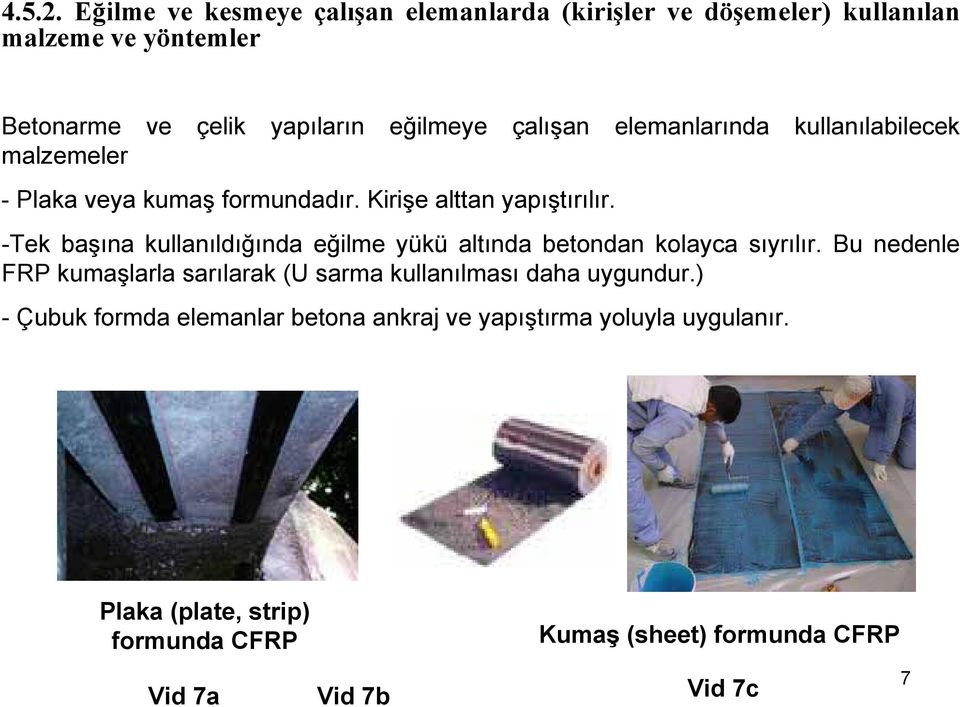 çalışan elemanlarında kullanılabilecek malzemeler - Plaka veya kumaş formundadır. Kirişe alttan yapıştırılır.