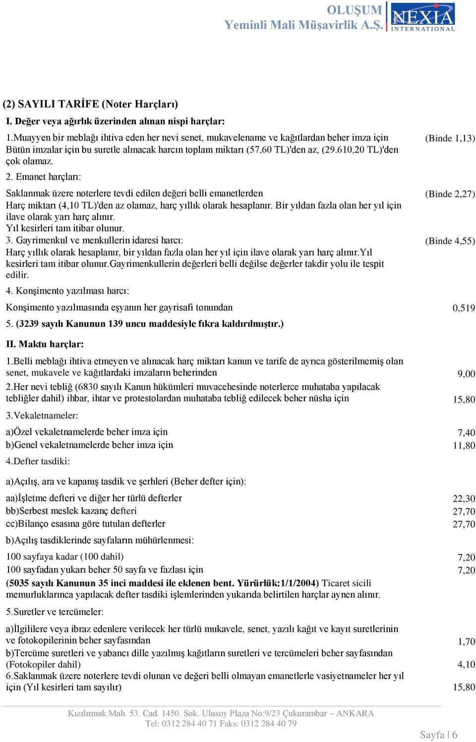 610,20 TL)'den çok olamaz. 2. Emanet harçları: Saklanmak üzere noterlere tevdi edilen değeri belli emanetlerden (Binde 2,27) Harç miktarı (4,10 TL)'den az olamaz, harç yıllık olarak hesaplanır.