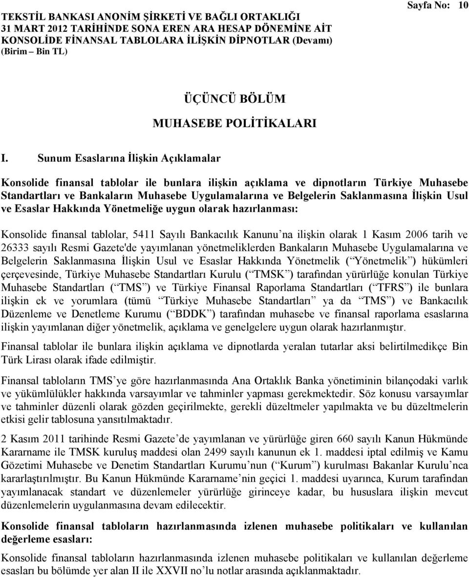 Saklanmasına İlişkin Usul ve Esaslar Hakkında Yönetmeliğe uygun olarak hazırlanması: Konsolide finansal tablolar, 5411 Sayılı Bankacılık Kanunu na ilişkin olarak 1 Kasım 2006 tarih ve 26333 sayılı