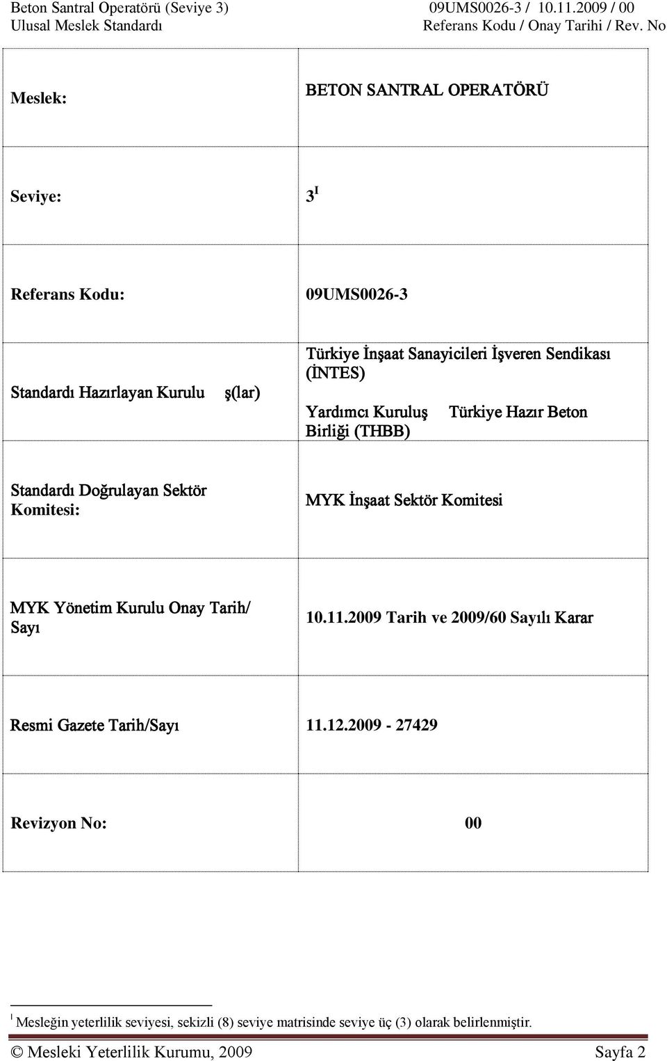 Komitesi MYK Yönetim Kurulu Onay Tarih/ Sayı: 10.11.2009 Tarih ve 2009/60 Sayılı Karar Resmi Gazete Tarih/Sayı: 11.12.