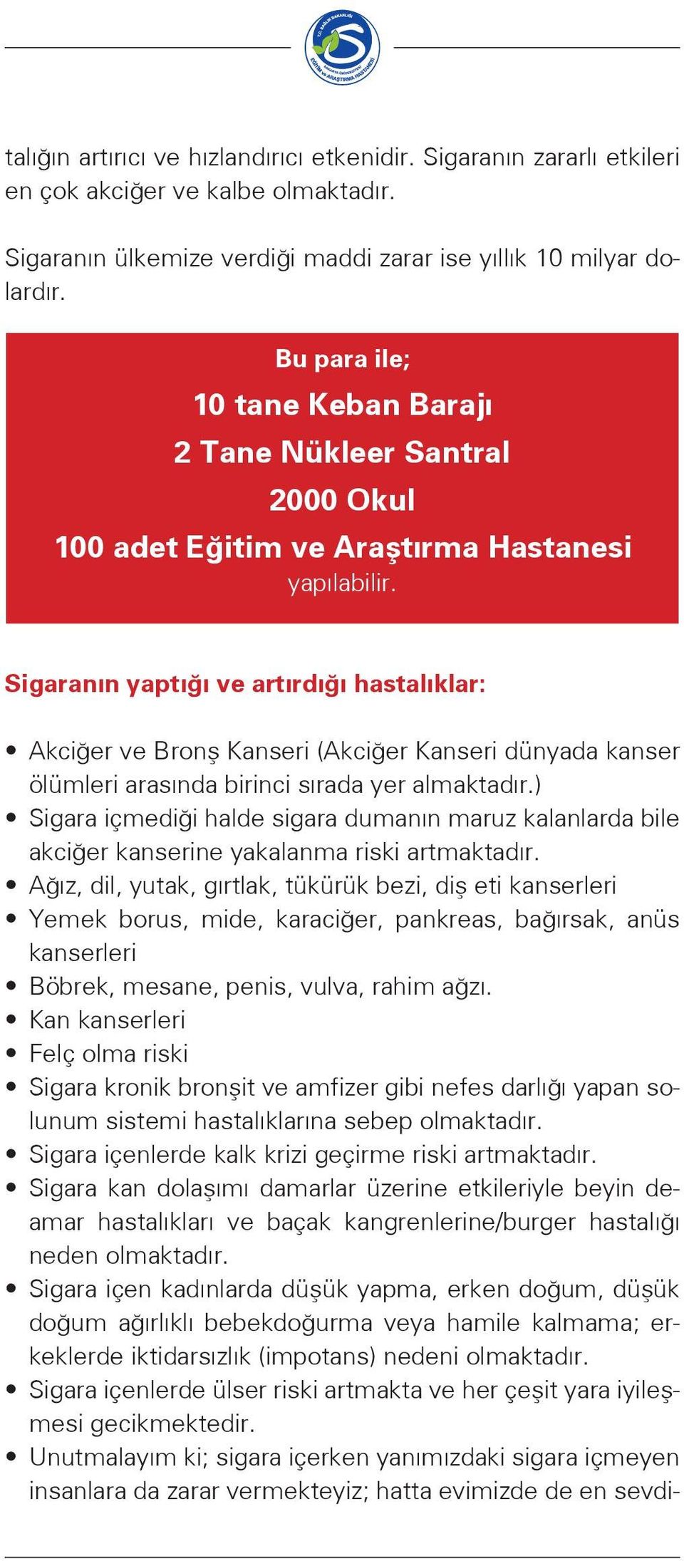 Sigaranın yaptığı ve artırdığı hastalıklar: Akciğer ve Bronş Kanseri (Akciğer Kanseri dünyada kanser ölümleri arasında birinci sırada yer almaktadır.