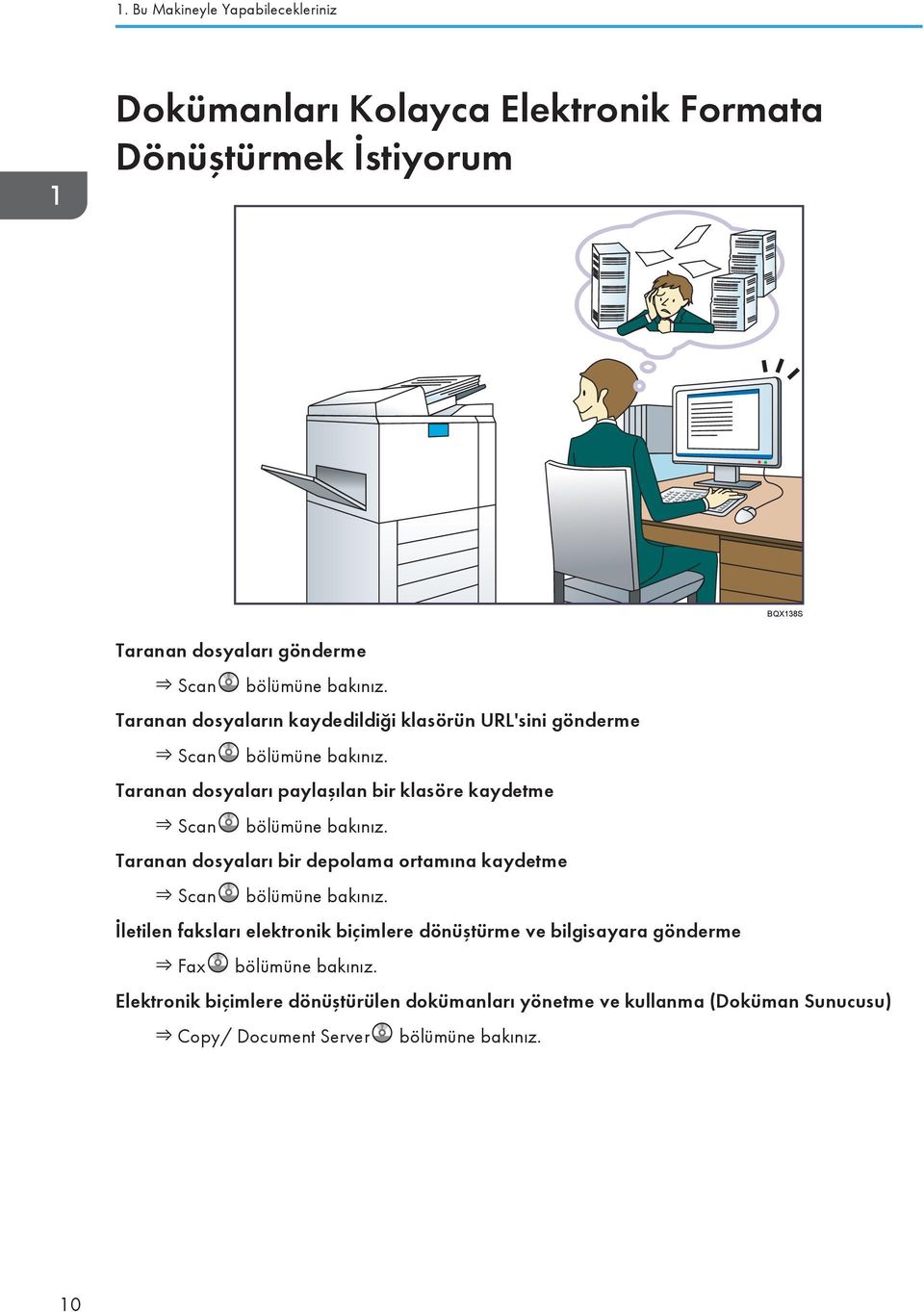 Taranan dosyaları paylaşılan bir klasöre kaydetme Scan bölümüne bakınız. Taranan dosyaları bir depolama ortamına kaydetme Scan bölümüne bakınız.