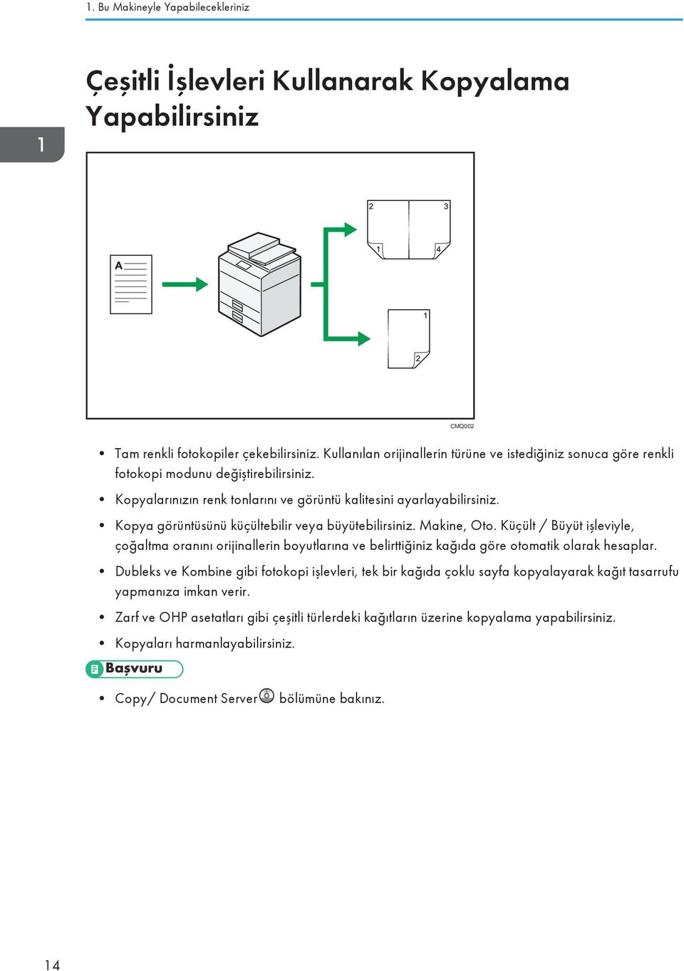 Kopya görüntüsünü küçültebilir veya büyütebilirsiniz. Makine, Oto. Küçült / Büyüt işleviyle, çoğaltma oranını orijinallerin boyutlarına ve belirttiğiniz kağıda göre otomatik olarak hesaplar.