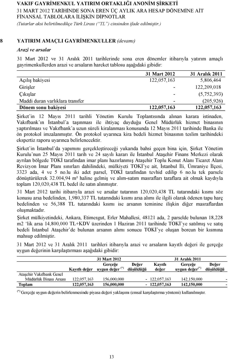 in 12 Mayıs 2011 tarihli Yönetim Kurulu Toplantısında alınan karara istinaden, Vakıfbank ın İstanbul a taşınması ile ihtiyaç duyduğu Genel Müdürlük hizmet binasının yaptırılması ve Vakıfbank a uzun