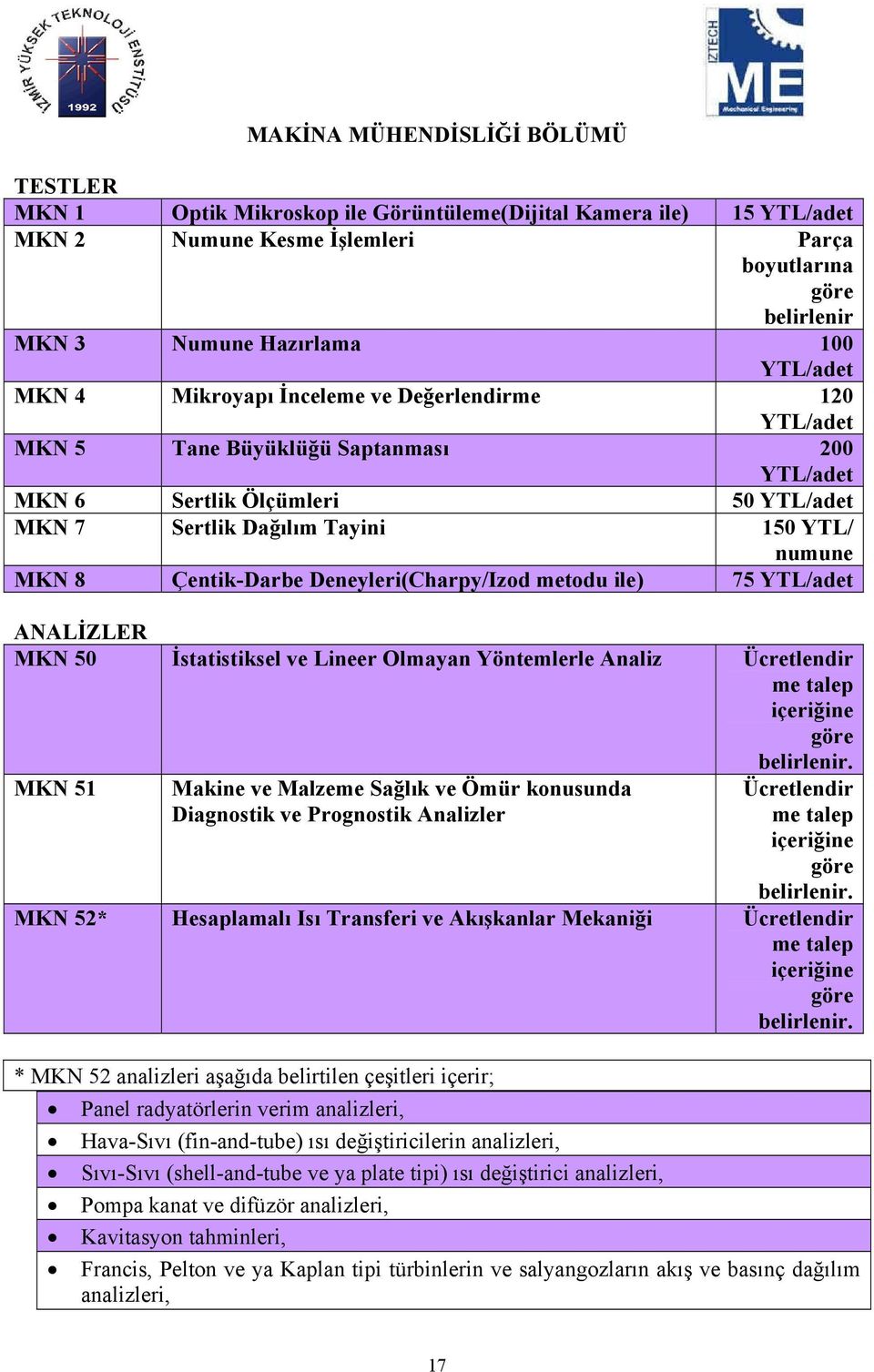 Çentik-Darbe Deneyleri(Charpy/Izod metodu ile) 75 YTL/adet ANALİZLER MKN 50 İstatistiksel ve Lineer Olmayan Yöntemlerle Analiz Ücretlendir me talep içeriğine göre belirlenir.