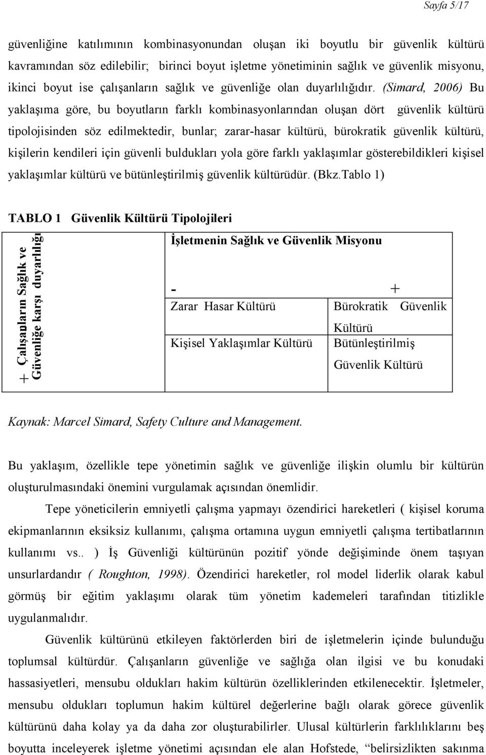 (Simard, 2006) Bu yaklaşıma göre, bu boyutların farklı kombinasyonlarından oluşan dört güvenlik kültürü tipolojisinden söz edilmektedir, bunlar; zarar-hasar kültürü, bürokratik güvenlik kültürü,