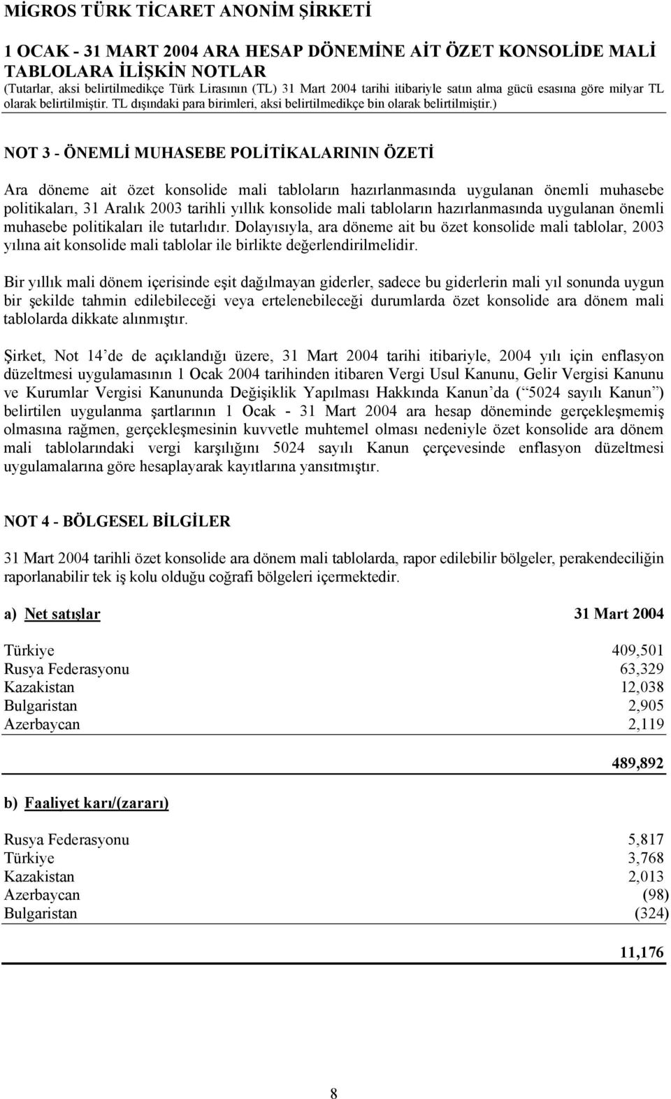 Dolayısıyla, ara döneme ait bu özet konsolide mali tablolar, 2003 yılına ait konsolide mali tablolar ile birlikte değerlendirilmelidir.